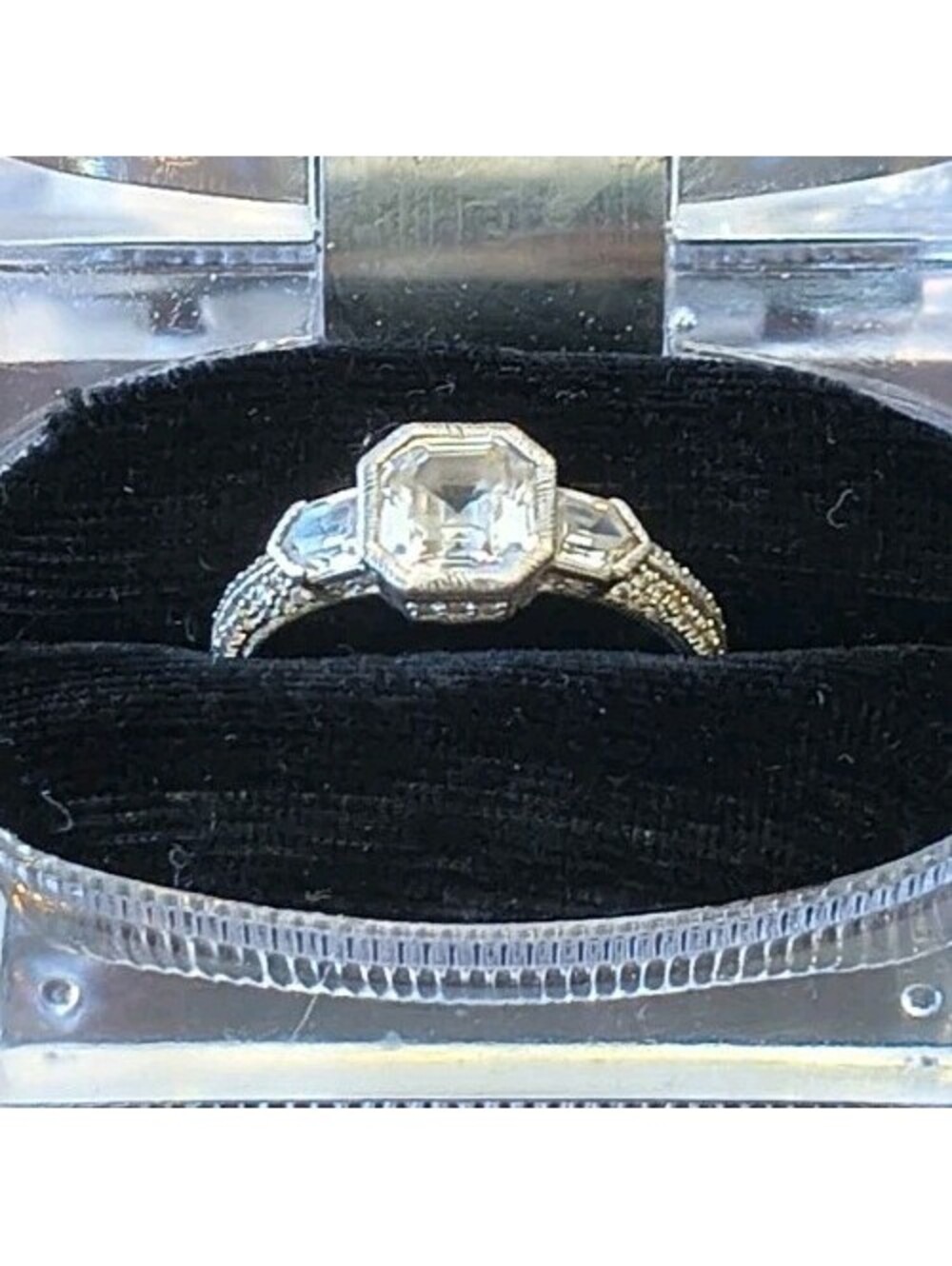 Judith Ripka Sterling Silver Ascher Cut Baguette Etched Engagement Ring Size 10